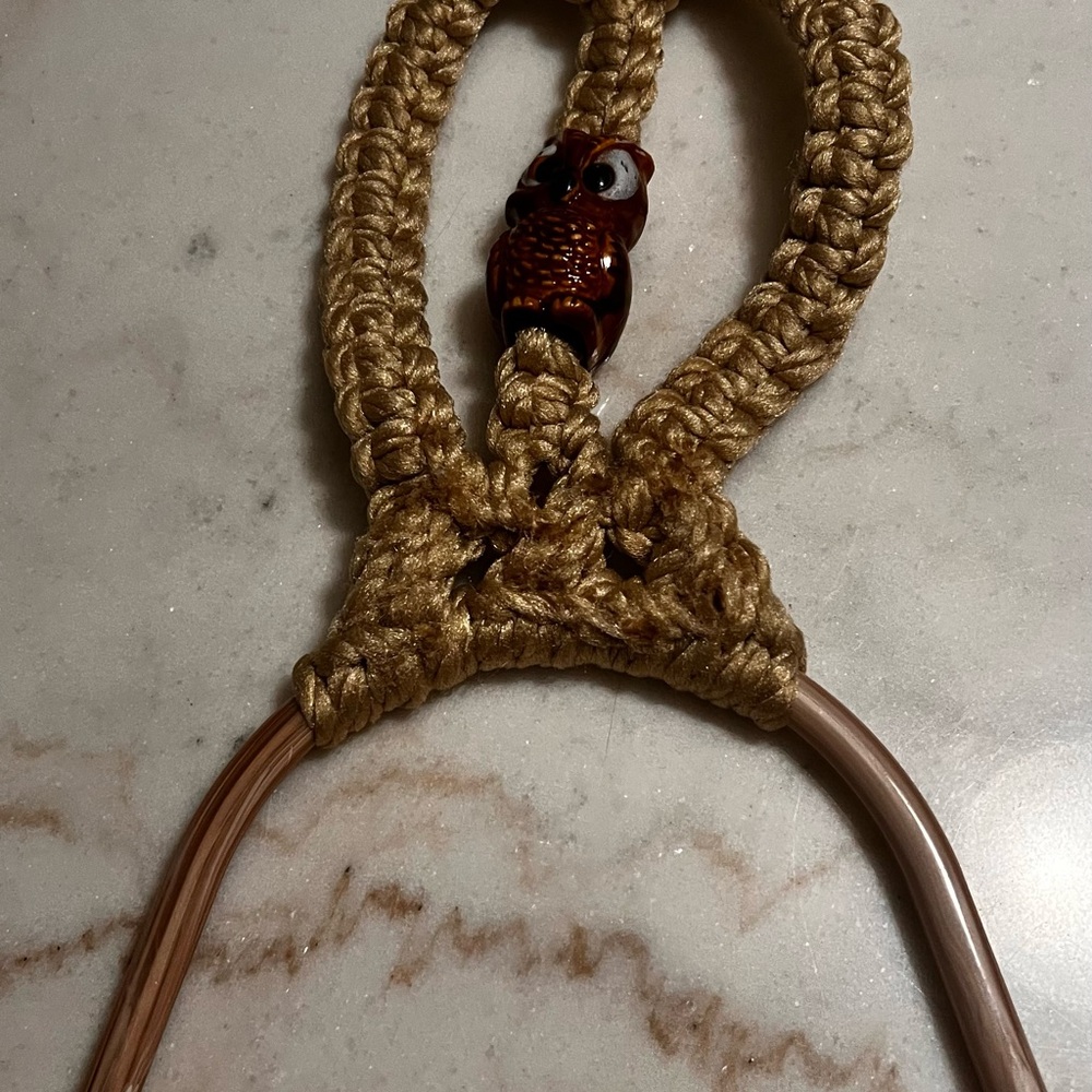 1970s Vintage Macrame Ceramic Owl Towel Holder Cream Brown Boho Decor